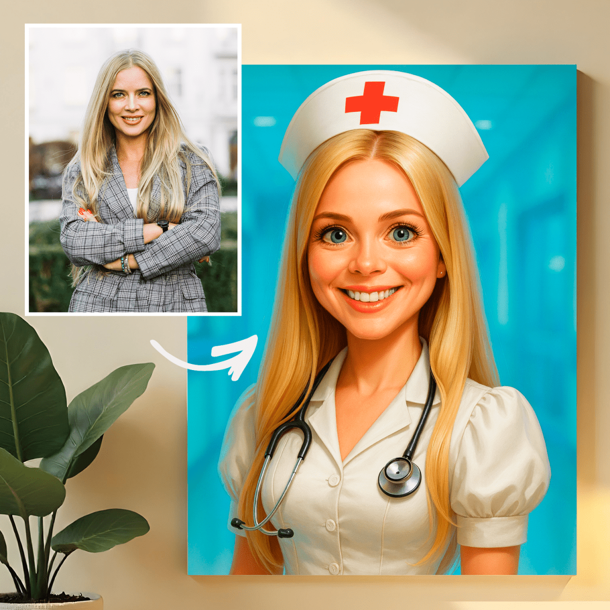 Portret pielęgniarki w stylu karykatury - obraz na płótnie z Twojego zdjęcia - Wymaluj Prezent