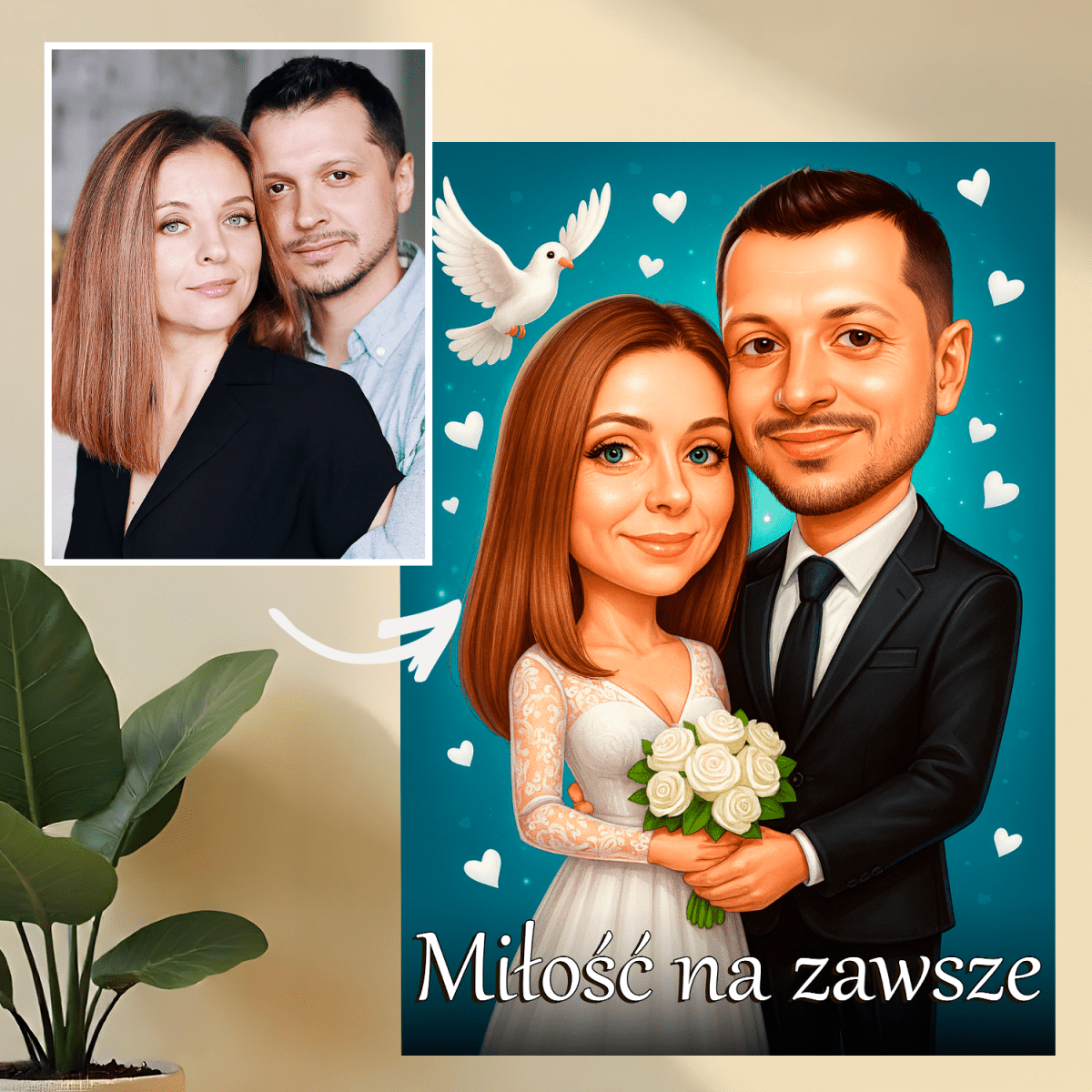 Image of Portret ślubny w stylu karykatury - druk na szkle, portret z Twojego zdjęcia - Wymaluj Prezent