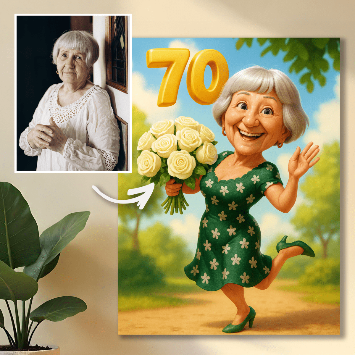 Portret w ilustrowanym stylu na 70 urodziny - obraz na płótnie z Twojego zdjęcia - Wymaluj Prezent