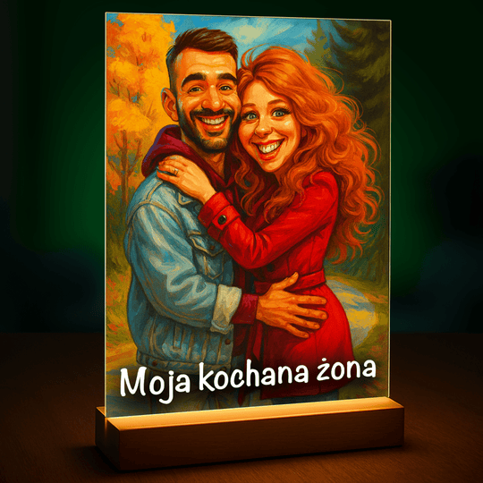 Portret w karykaturalnym stylu dla żony - druk na szkle, portret z Twojego zdjęcia