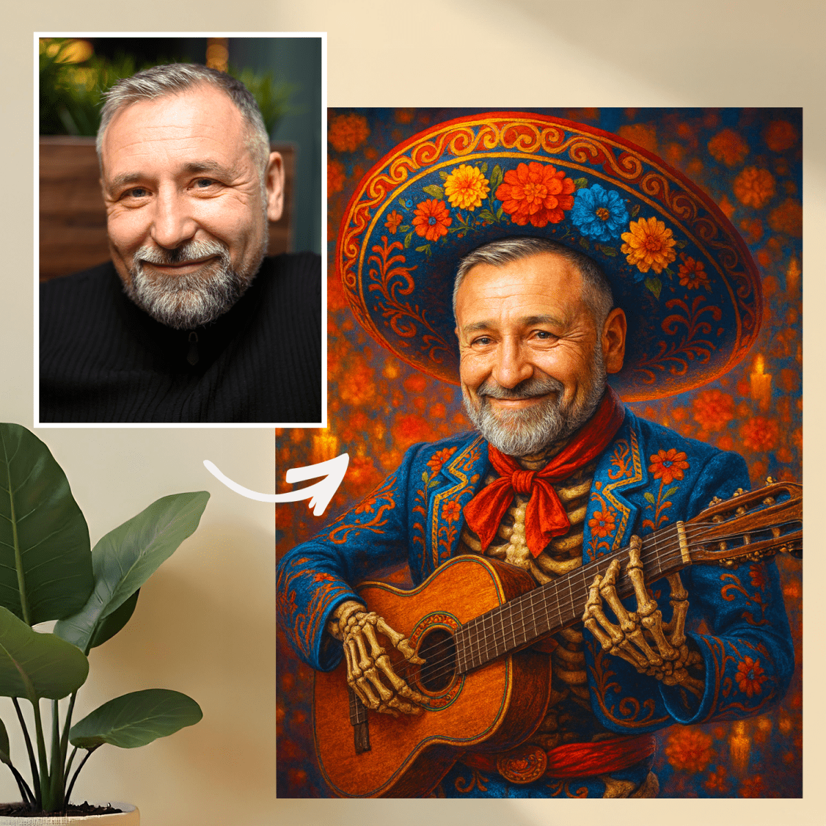 Image of Portret w stylu meksykańskiego kościotrupa - obraz na płótnie z Twojego zdjęcia - Wymaluj Prezent