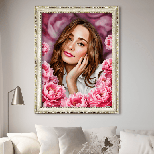 Portret z piwoniami - obraz na płótnie z Twojego zdjęcia