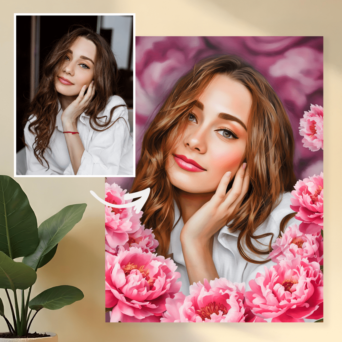 Image of Portret z piwoniami - obraz na płótnie z Twojego zdjęcia - Wymaluj Prezent