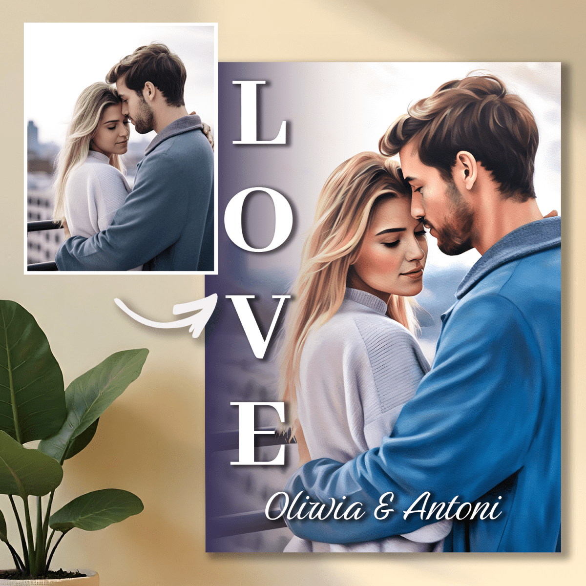 Image of Portret zakochanych + ich imiona - druk na szkle, portret z Twojego zdjęcia - Wymaluj Prezent