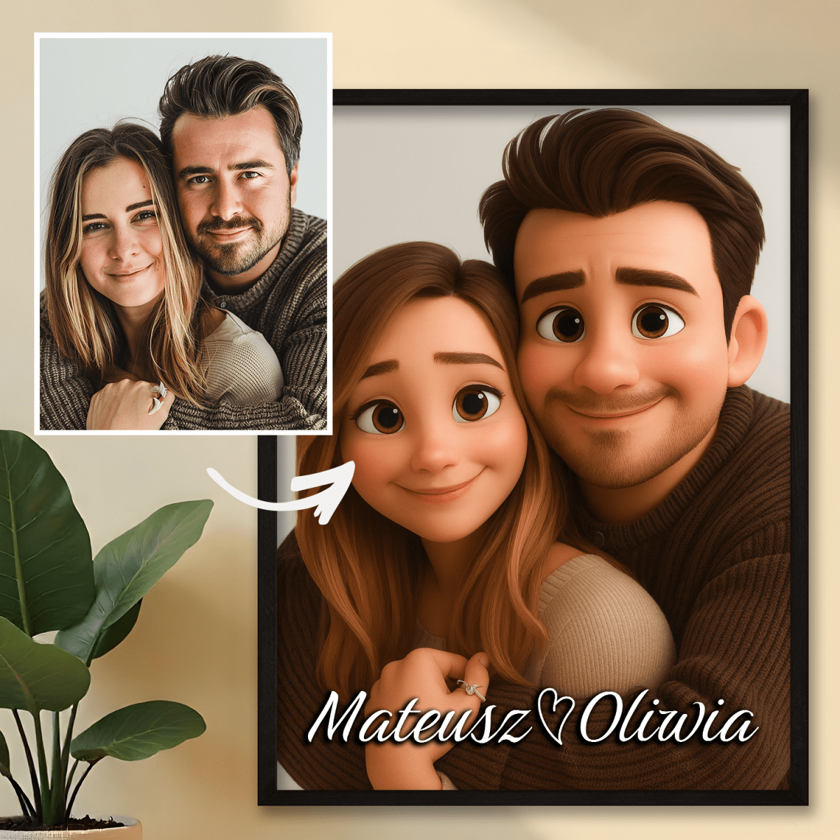 Image of Portret zakochanych w animowanym stylu + imiona - plakat z Twojego zdjęcia - Wymaluj Prezent