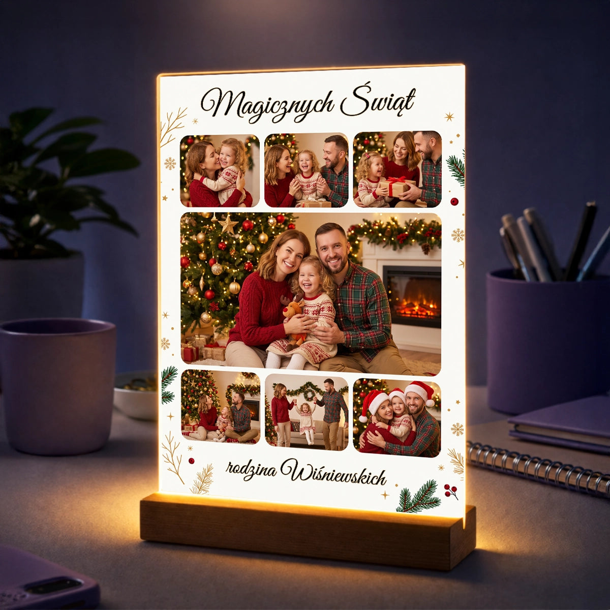Personalizowany prezent dla rodziny na święta - kolaż na szkle ze świątecznymi zdjęciami, własnym nazwiskiem i tekstem Magicznych Świąt