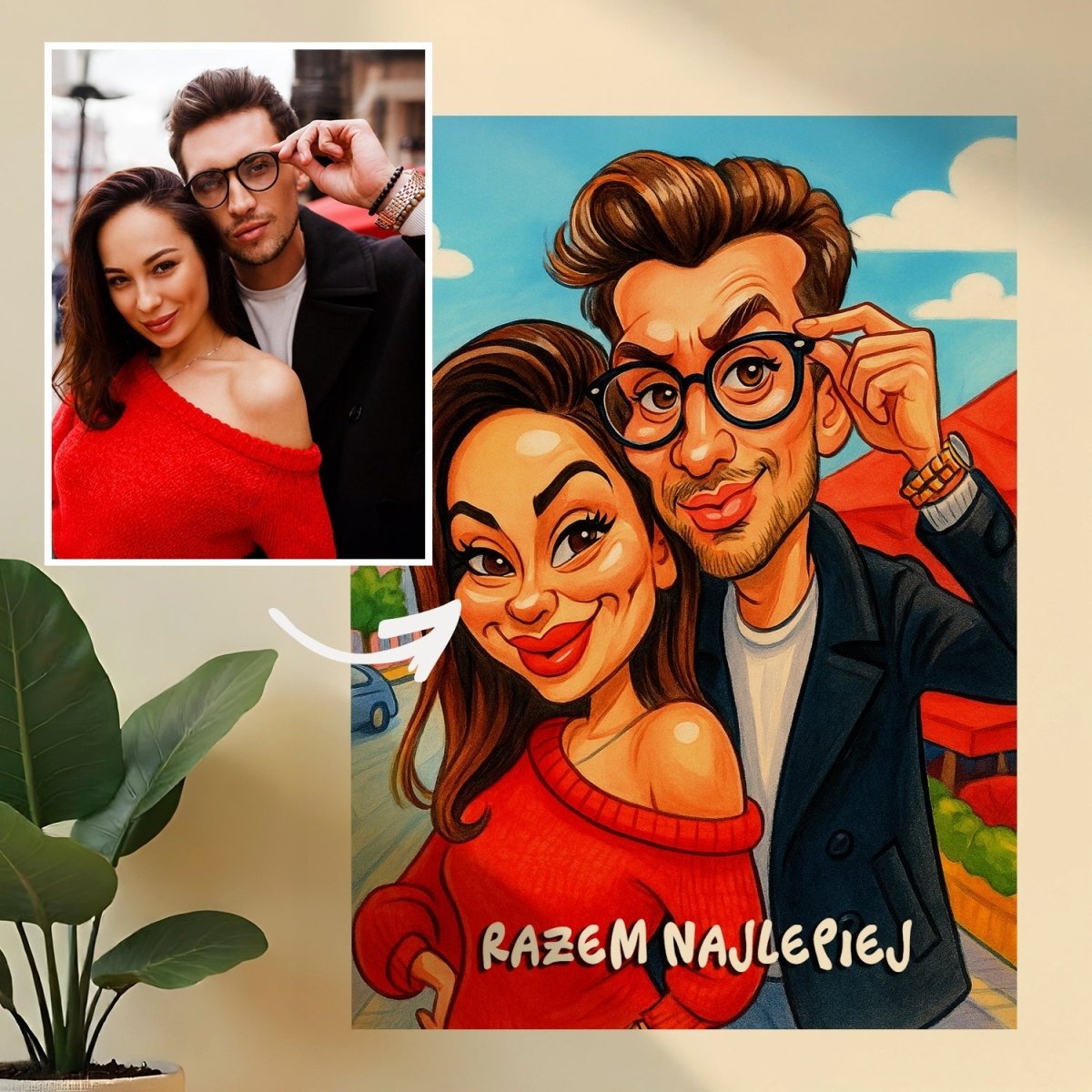 Razem najlepiej karykatura - obraz na płótnie z Twojego zdjęcia - Wymaluj Prezent