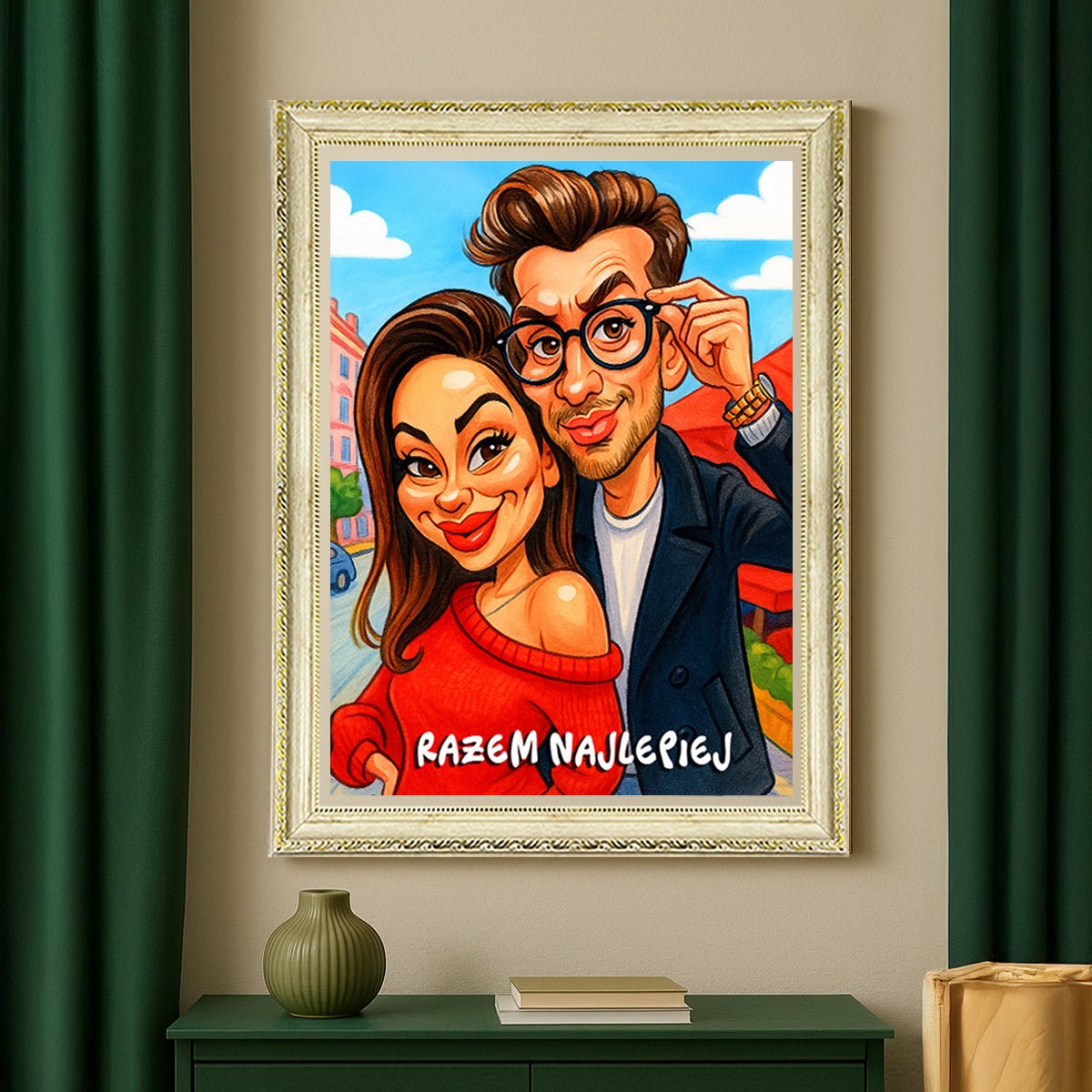 Razem najlepiej karykatura - obraz na płótnie z Twojego zdjęcia - Wymaluj Prezent