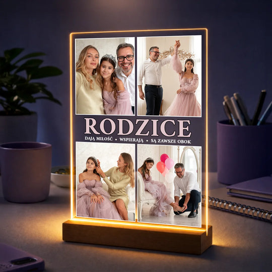 Prezent dla rodziców na Dzień Mamy i Dzień Taty – kolaż zdjęć na szkle z tekstem Miłość rodziców