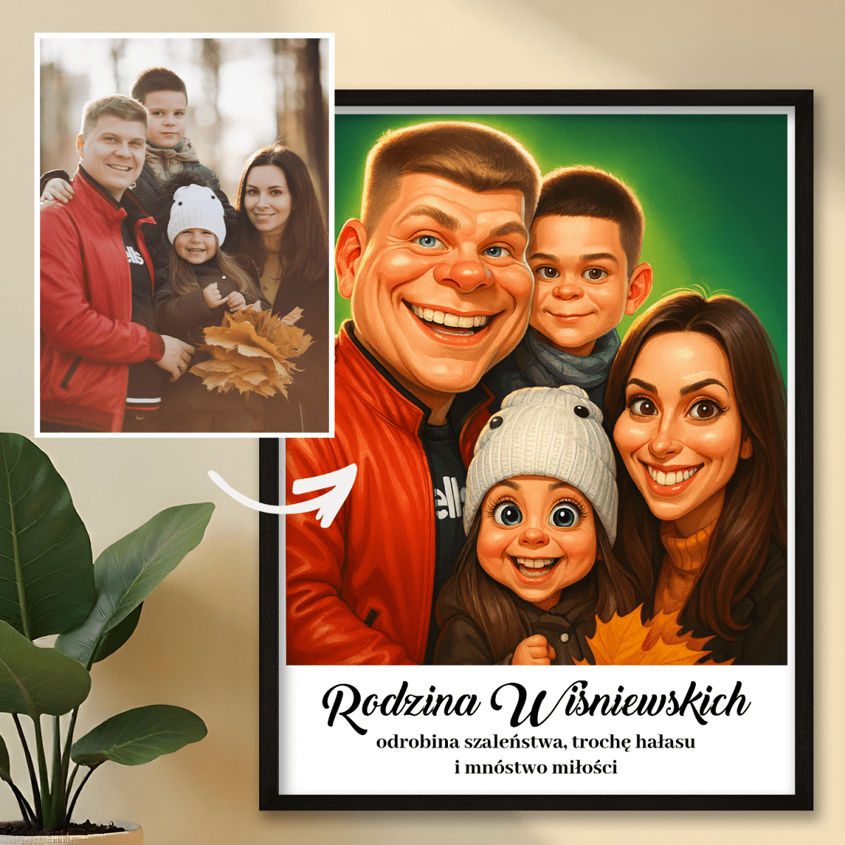 Rodzina w stylu karykatury + napis - plakat z Twojego zdjęcia - Wymaluj Prezent