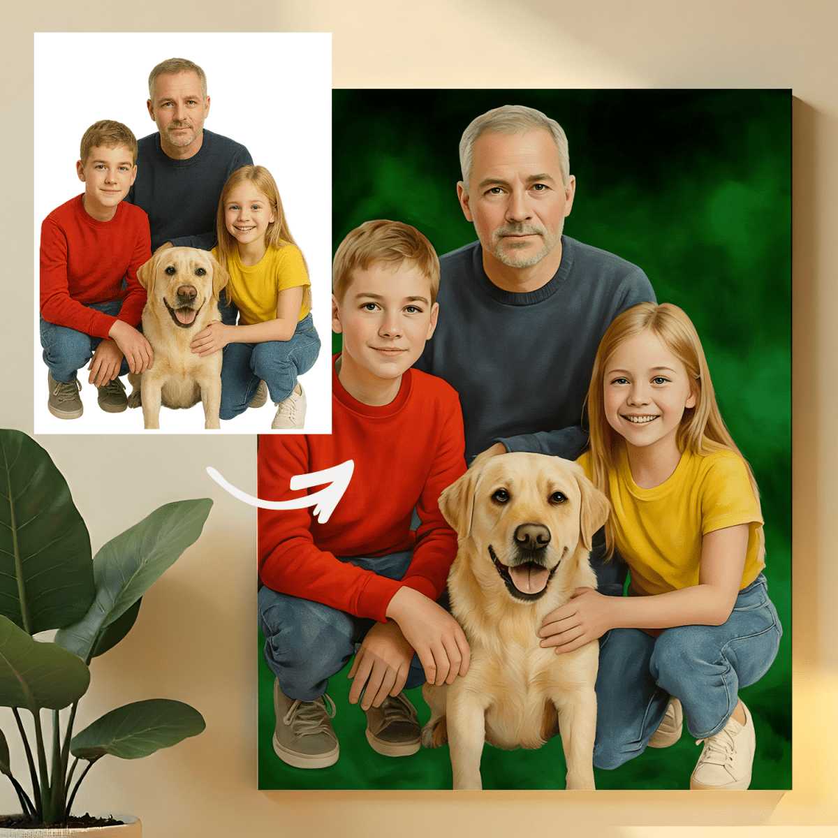 Rodzina z psem - obraz na płótnie z Twojego zdjęcia - Wymaluj Prezent