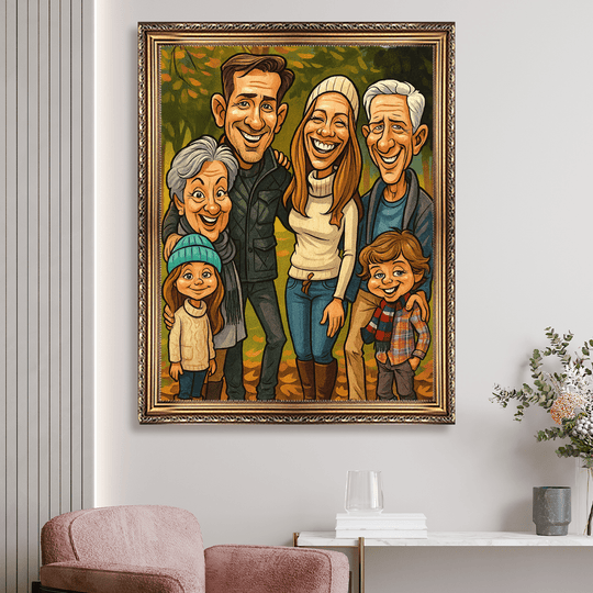Rodzinny portret w stylu karykatury - obraz na płótnie z Twojego zdjęcia