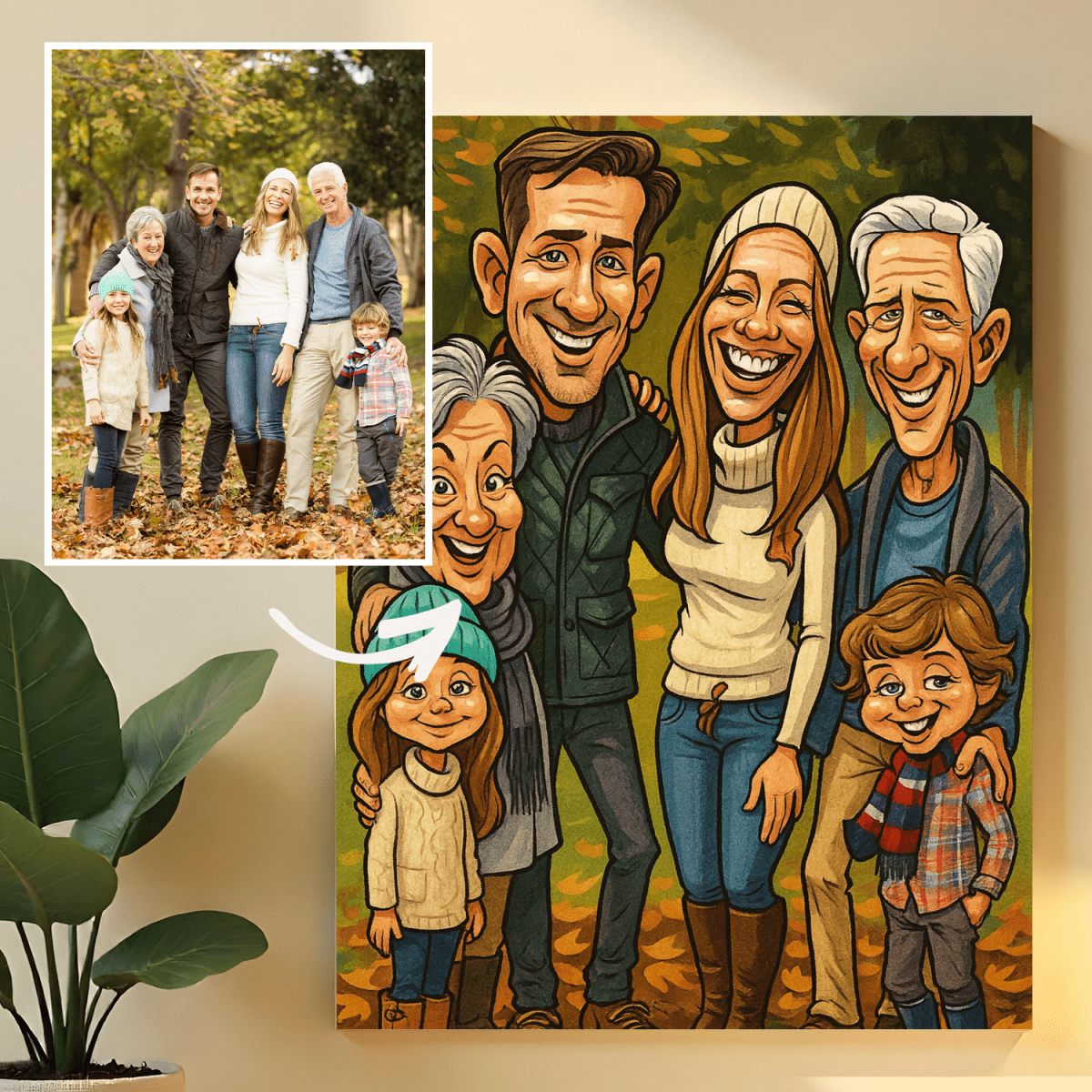 Rodzinny portret w stylu karykatury - obraz na płótnie z Twojego zdjęcia - Wymaluj Prezent