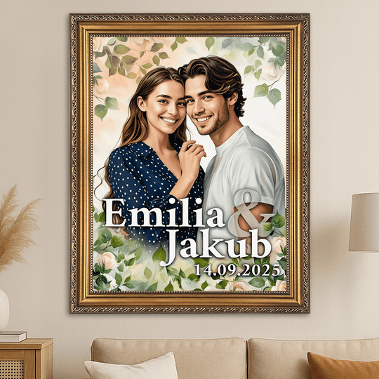 Romantyczny portret pary + imiona - obraz na płótnie z Twojego zdjęcia