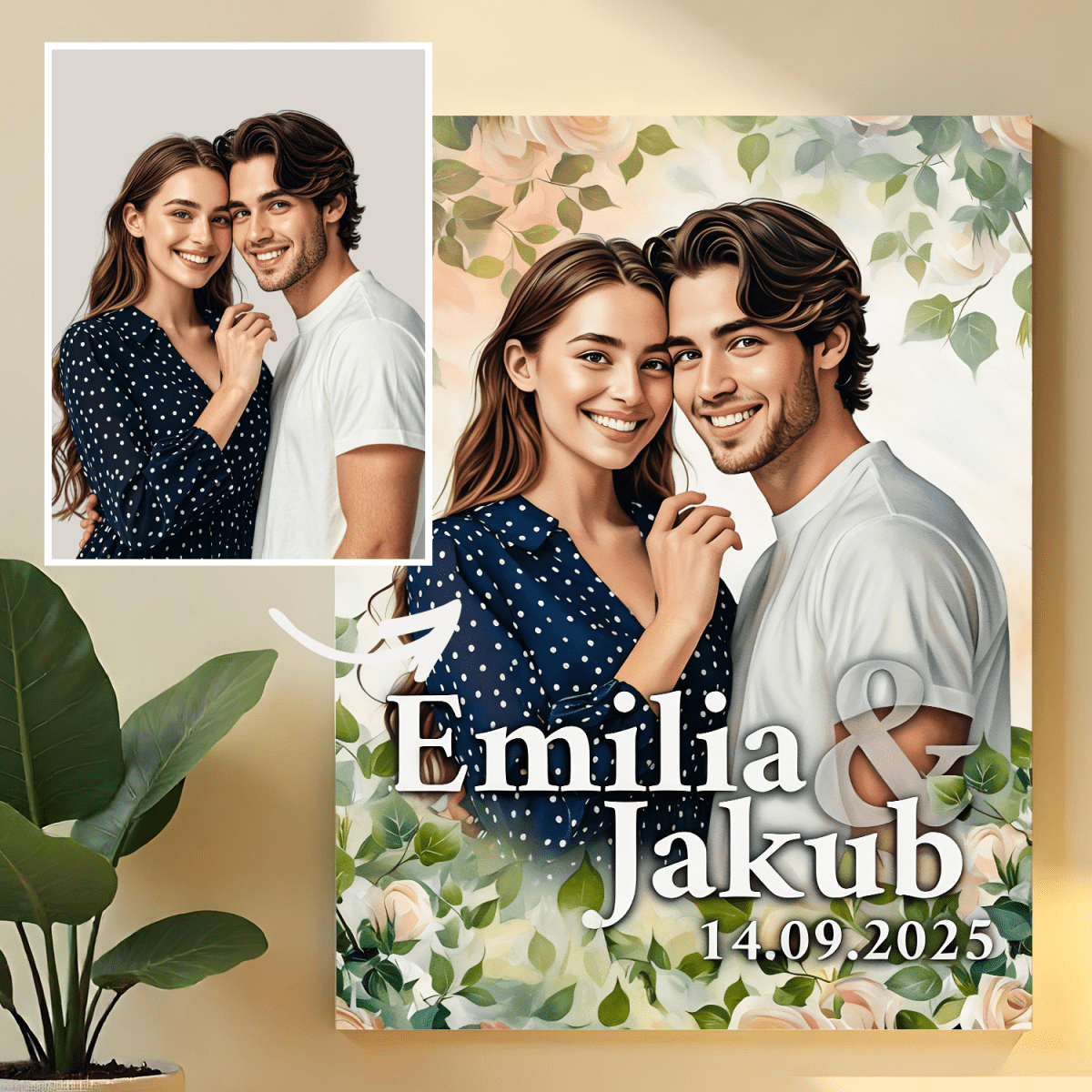 Romantyczny portret pary + imiona - obraz na płótnie z Twojego zdjęcia - Wymaluj Prezent