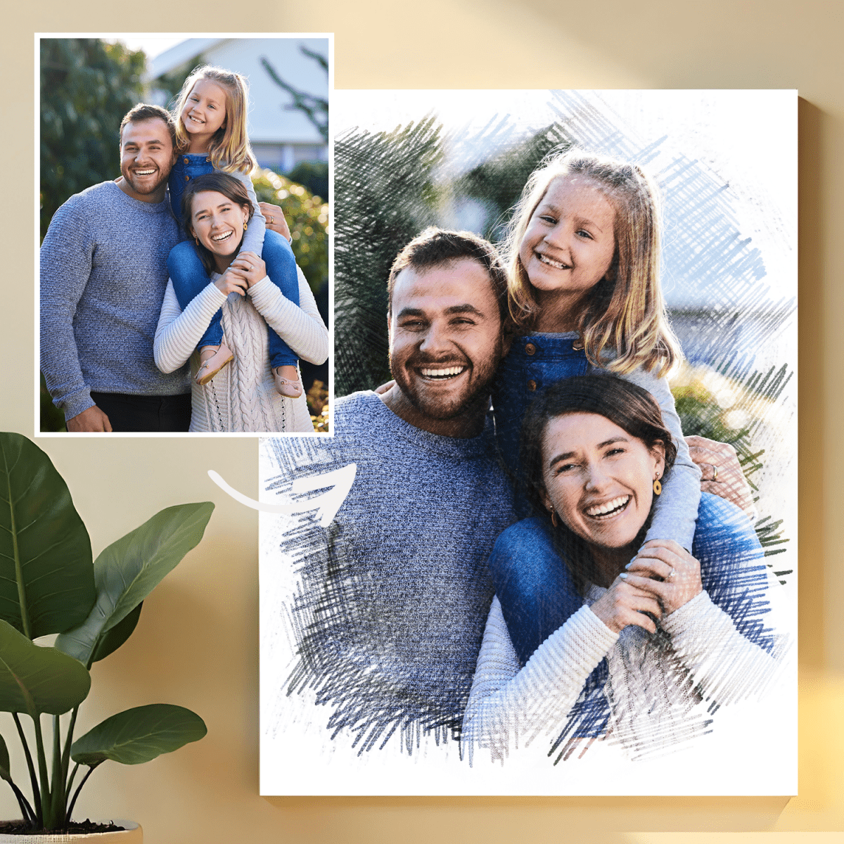 Rysunkowy portret rodziny - obraz na płótnie z Twojego zdjęcia - Wymaluj Prezent