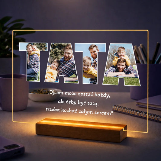 Oryginalny prezent dla taty na Dzień Ojca – Kolaż na szkle ze słowem TATA i tekstem
