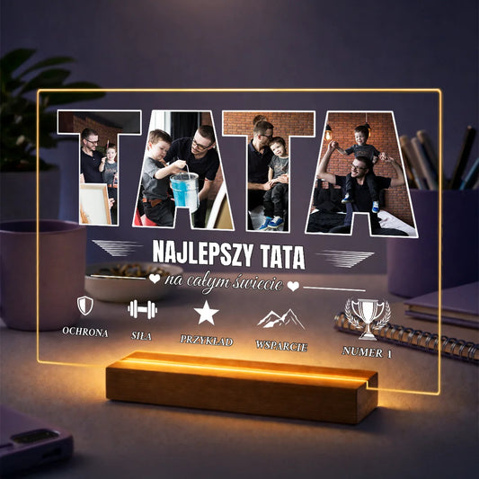Personalizowany kolaż zdjęć na szkle dla taty z napisem „Najlepszy Tata” i fotografiami pełnymi wspólnych wspomnień.