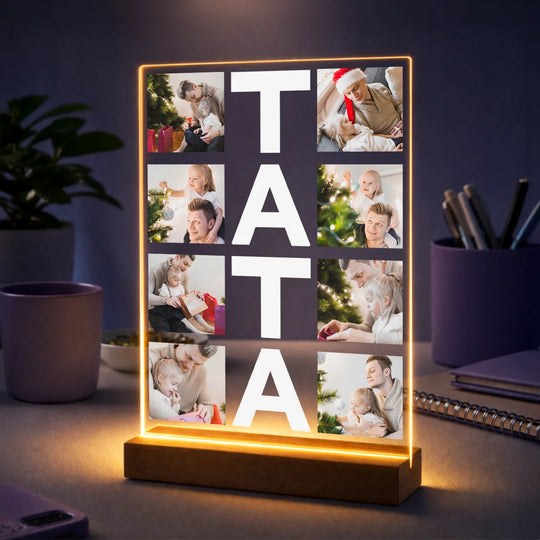 Pomysł na prezent dla taty na święta – kolaż 8 zdjęć na szkle Galeria wspomnień z napisem TATA