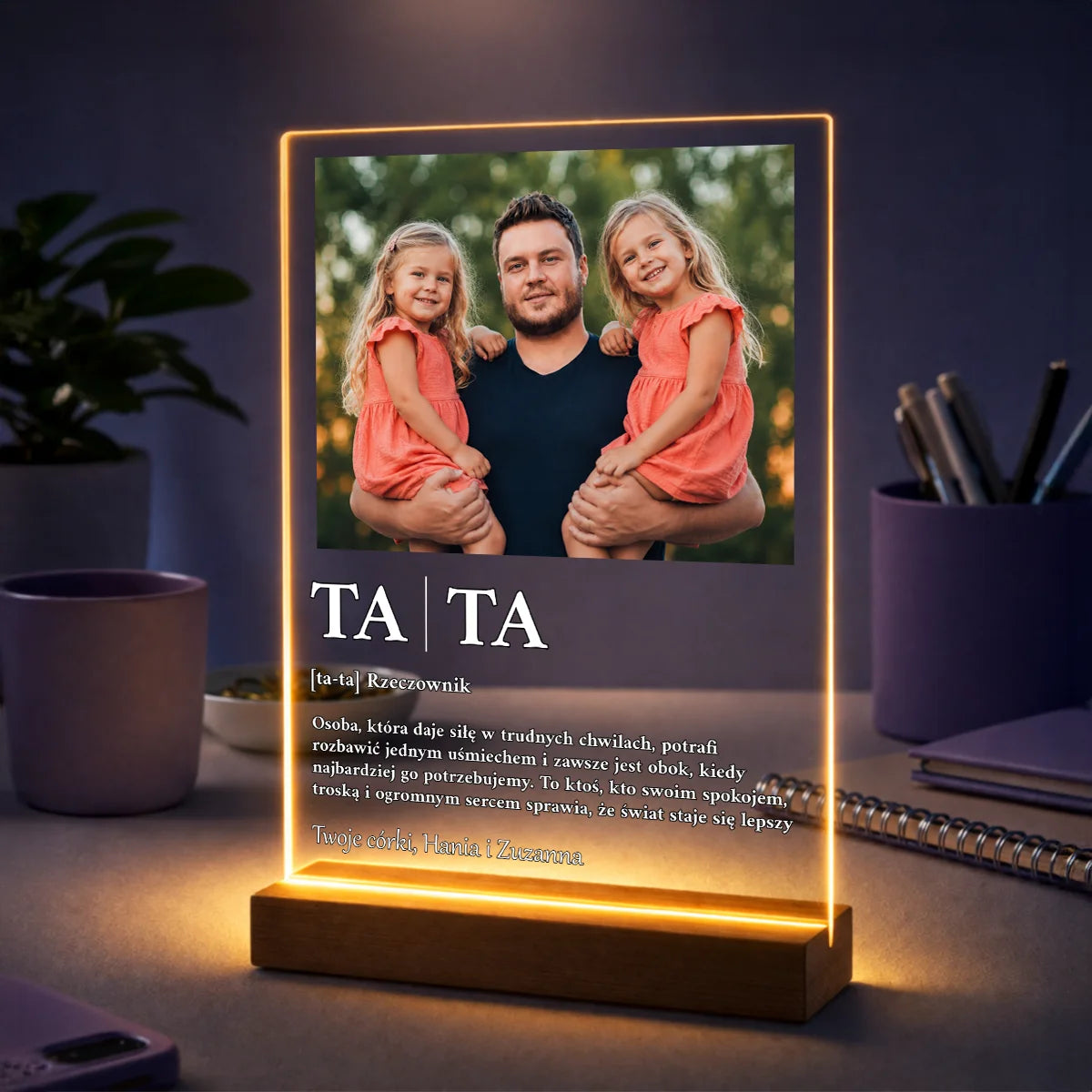 Personalizowane zdjęcie na szkle dla taty z córkami i definicją „Tata”, wyjątkowy prezent na Dzień Ojca, święta lub urodziny