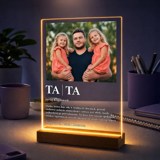 Personalizowane zdjęcie na szkle dla taty z córkami i definicją „Tata”, wyjątkowy prezent na Dzień Ojca, święta lub urodziny