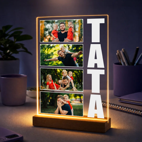 Prezent dla taty na Dzień Ojca – kolaż zdjęć personalizowany na szkle ze słowem TATA