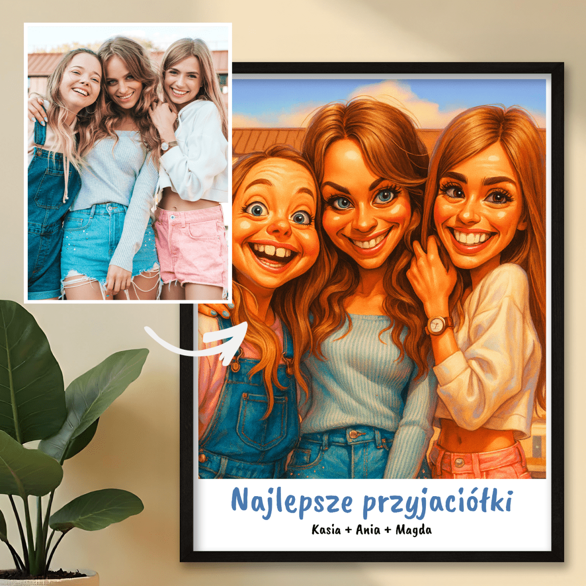 Trzy najlepsze przyjaciółki karykatura - plakat z Twojego zdjęcia - Wymaluj Prezent