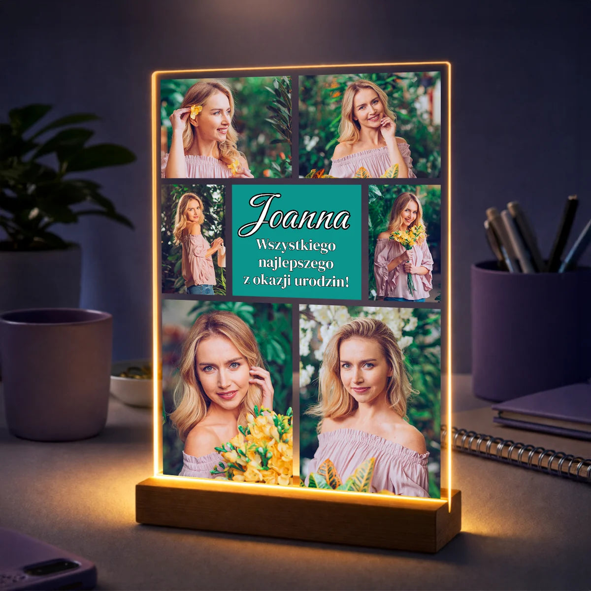 Prezent urodzinowy dla niej – kolaż zdjęć na szkle z imieniem i życzeniami