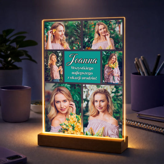 Prezent urodzinowy dla niej – kolaż zdjęć na szkle z imieniem i życzeniami